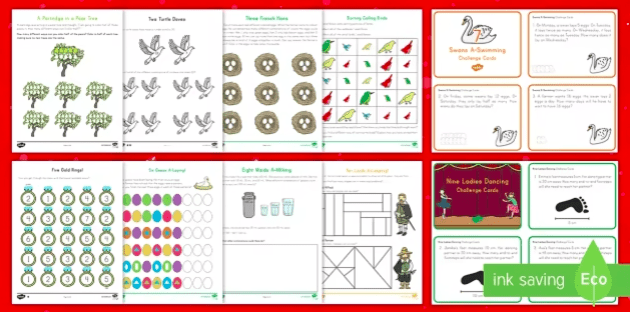 12 Days of Christmas-Tolv Dager Med Julen Math Activity Pack