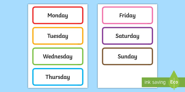 Days Of The Week Cards Printable