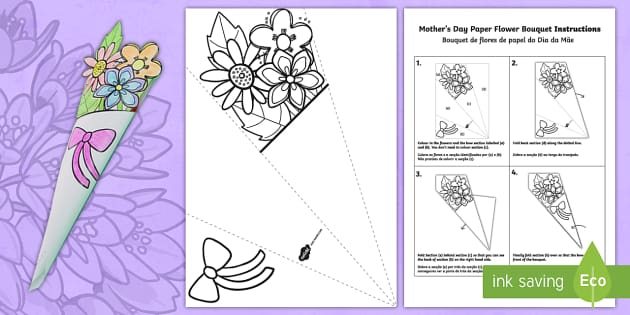 Mother's Day Paper Flower Bouquet Coloring Activity English/Portuguese
