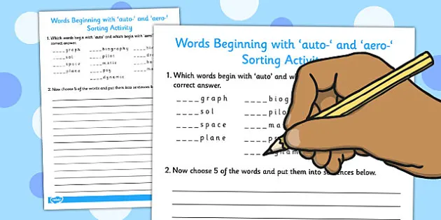 Words Beginning With auto- and aero- Sorting Activity
