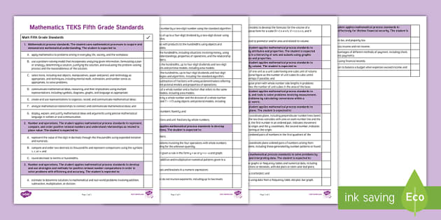 Mathematics TEKS Fifth Grade Standards Checklist - Twinkl