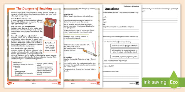 The Dangers Of Smoking Differentiated Reading Comprehension Activity