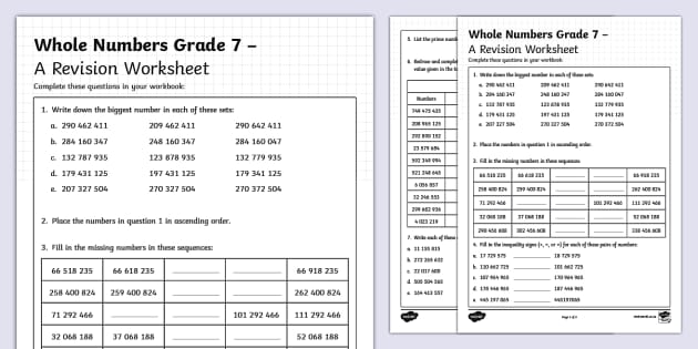 Whole Numbers Grade 7 – A Revision Worksheet - Twinkl