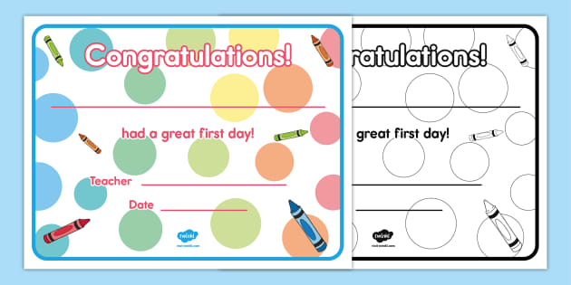 First Day of School Certificate PreK 1 Resources Twinkl