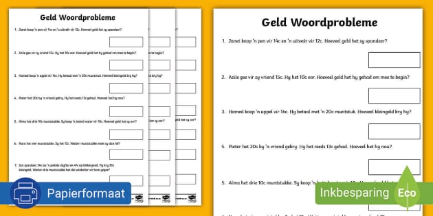 Geld Woordprobleme Werkkaart (teacher Made) - Twinkl