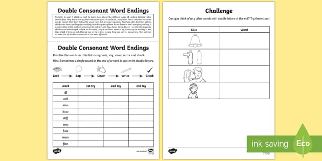 year 1 spelling practice double consonant word endings