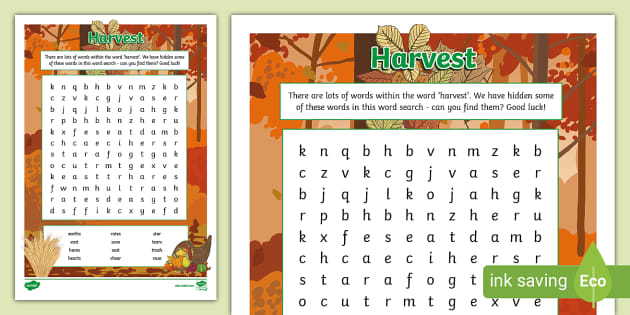 Harvest Word Unscramble Word Search, Harvest Festival, Harvest
