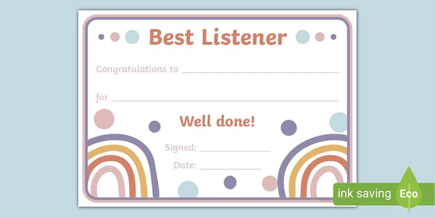 Muted Rainbow Themed Best Listener Certificate Twinkl