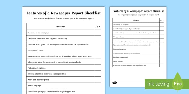 features of a newspaper report ks2 checklist