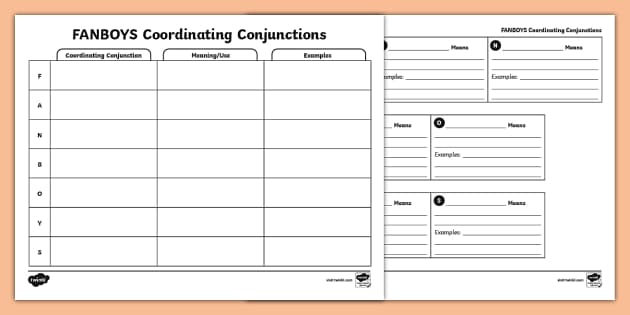 Grammar Notes Organizer for FANBOYS Conjunctions Activity