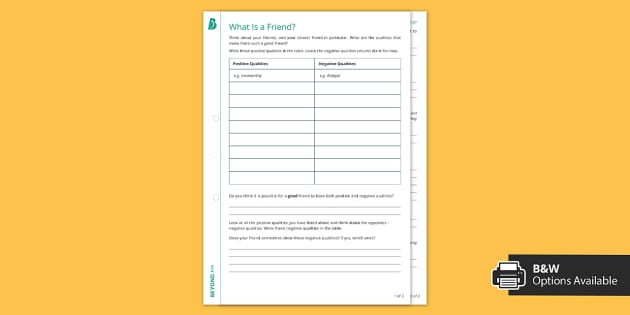 What Is a Friend? Worksheet, Secondary RSE