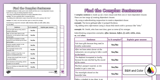 Third Grade Find the Complex Sentences Worksheet - Twinkl