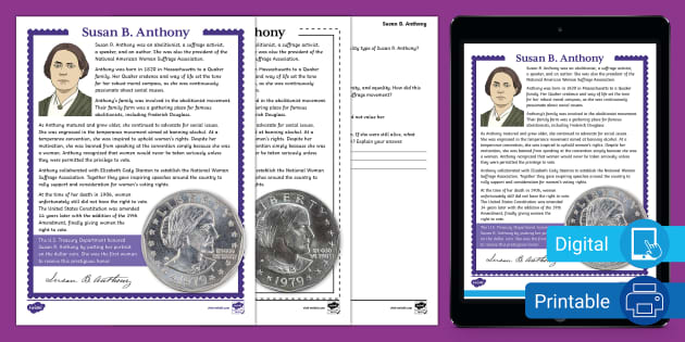 8th Grade Susan B Anthony Reading Comprehension | Twinkl USA