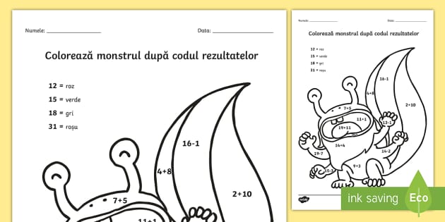 Adunări și Scăderi Pană La 31 Cu Tema Monștri Colorează După