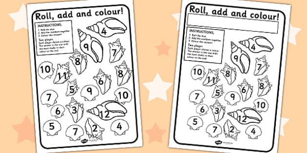 Shell Themed Roll and Colour Worksheet - Twinkl