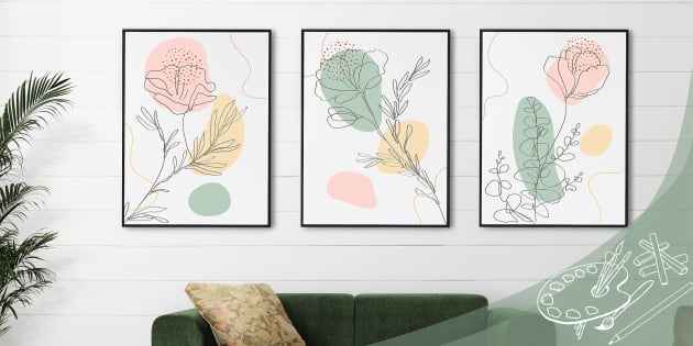 Flowers Abstract Line Art Pastel Colours Posters Pack