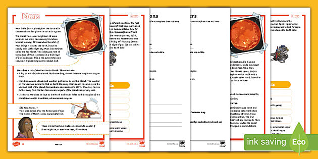 Mars Fact File With Questions | Primary Earth Sciences