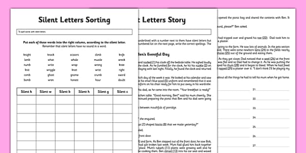 Silent Letters Worksheet / Worksheet Pack (teacher made)