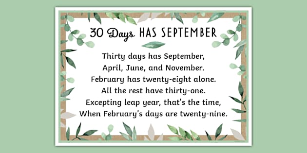 Botanical-Themed 30 Days Has September Rhyme Poster - Twinkl