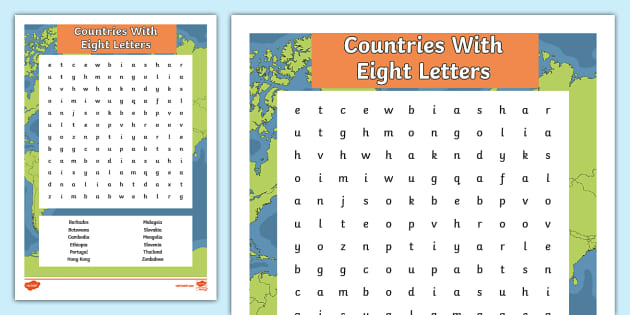 A word search puzzle containing eight-letter countries.
