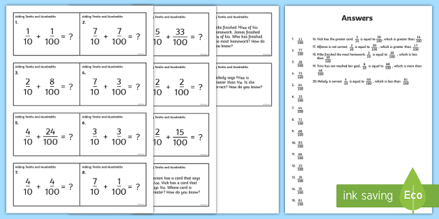 Adding Tenths and Hundredths Fractions Task Cards - Twinkl