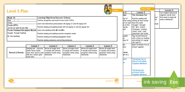 'ch' saying /c/ and /sh/- Level 5, Week 10, Weekly Plan