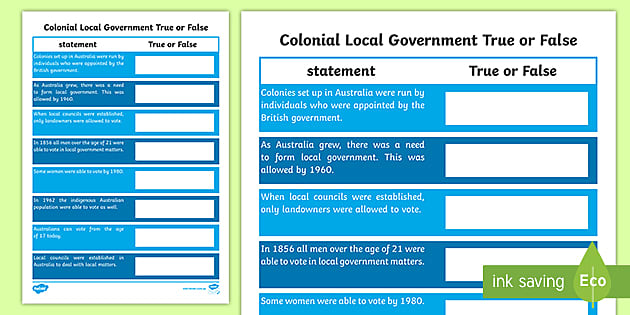 Colonial Local Government True or False Worksheet - Twinkl