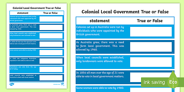 Colonial Local Government True or False Worksheet - Twinkl