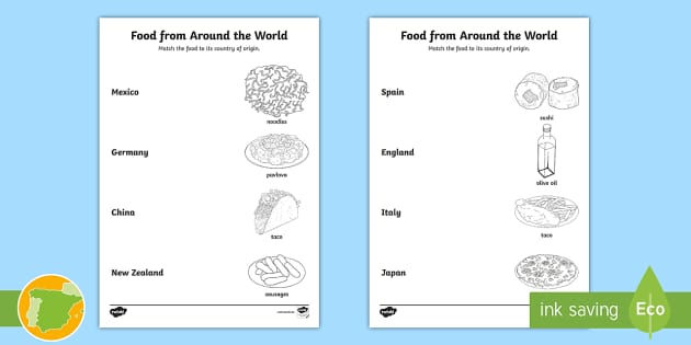 A2 Ficha de actividad: Comidas del mundo en inglés - Twinkl