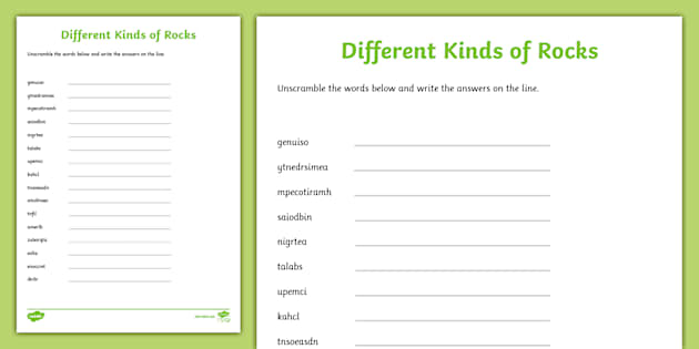 Different Kinds of Rocks Word Unscramble Worksheet Twinkl