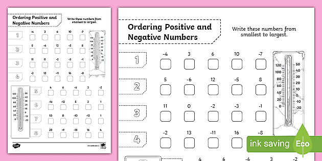 Ordering Positive and Negative Numbers Worksheet Primary