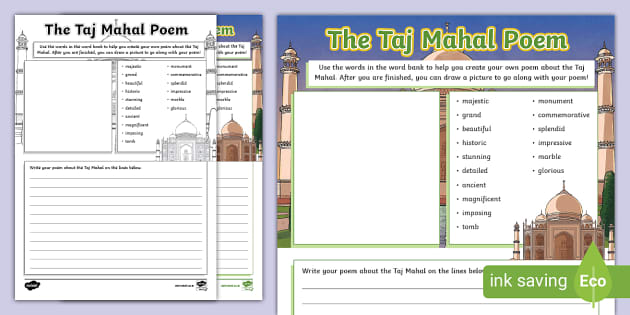 The Taj Mahal Poem Writing Template (teacher Made) - Twinkl