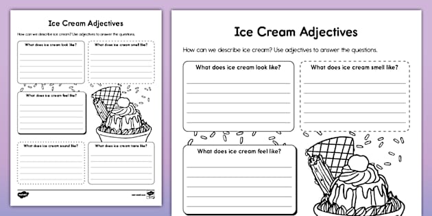 Ice Cream Adjectives Worksheet for K-2nd Grade - Twinkl