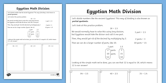 Egyptian Math Division Worksheet for 6th-8th Grade - Twinkl