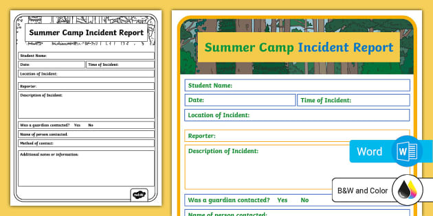 Summer Camp Incident Report Template 3rd Grade Resource