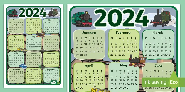 Train-Themed 2024 Wall Calendar Poster (Teacher-Made)