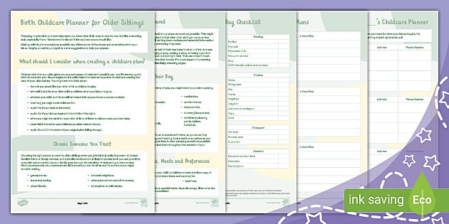 Birth Childcare Planner for Older Siblings (teacher made)