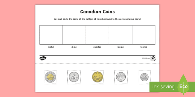 canadian coins worksheet kindergarten cut paste activity