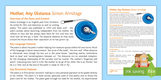 AQA Poetry Mother Any Distance One Page Revision Summary AQA Poetry Mother Any Distance One Page Revision Summary