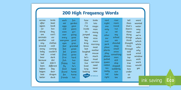 200 High Frequency Words Printable Free