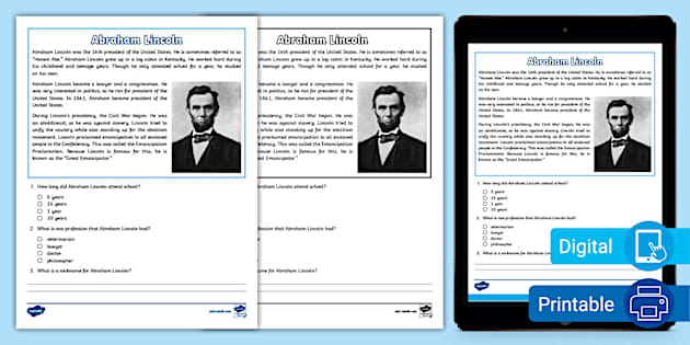 * NEW * Third Grade Abraham Lincoln Reading Passage Comprehension