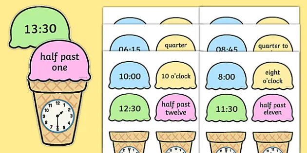 Telling The Time Ice Cream Cone Matching Activity