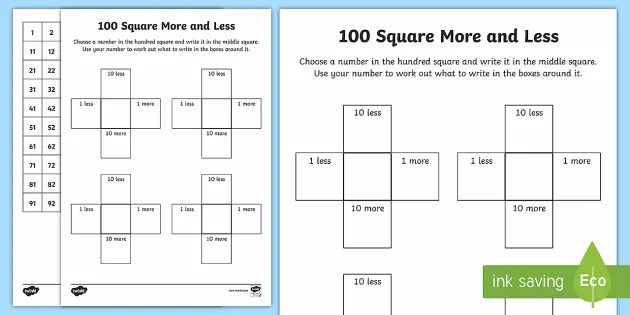 100 Square More And Less Activity