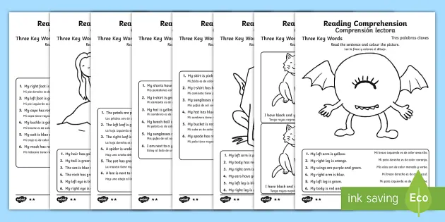 reading comprehension three key words worksheet worksheets english spanish