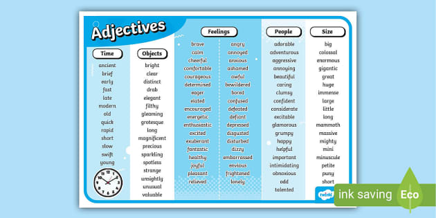 Printable Adjectives Word List Poster