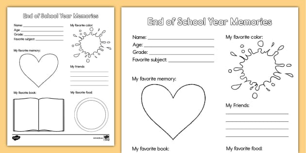 End of School Year Memories Worksheet, Fun