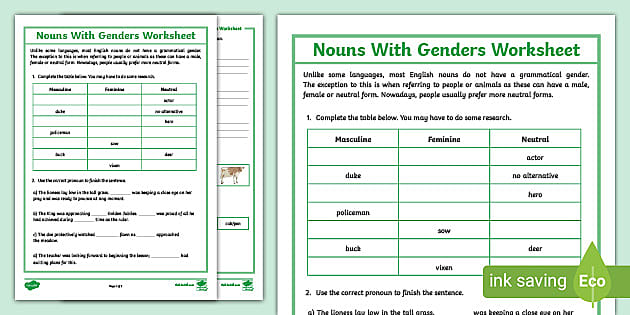 Noun Gender Worksheet With Answers
