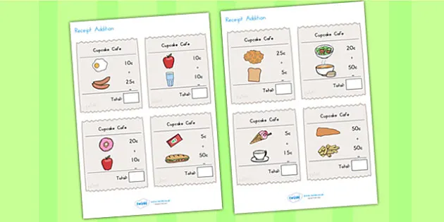 receipt addition maths worksheet worksheet pack