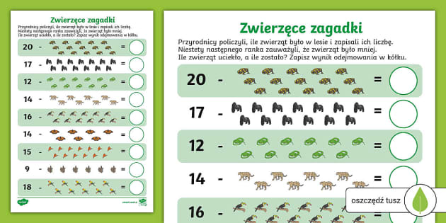 Odejmowanie w zakresie 20 ze zwierzętami | Liczby i działania