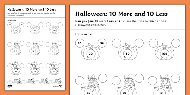 👉 Halloween-Themed 10 More and 10 Less Worksheet - Twinkl